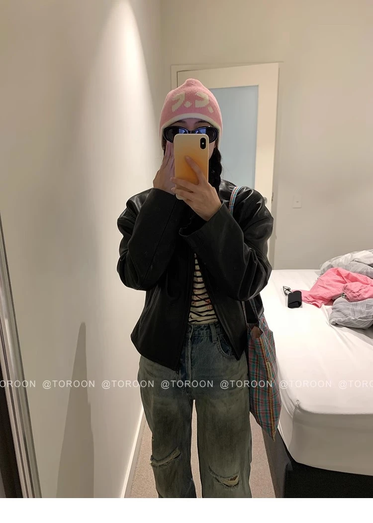 TOROON 黑色立领真皮皮衣外套女BF风机车飞行夹克春季上衣T3061