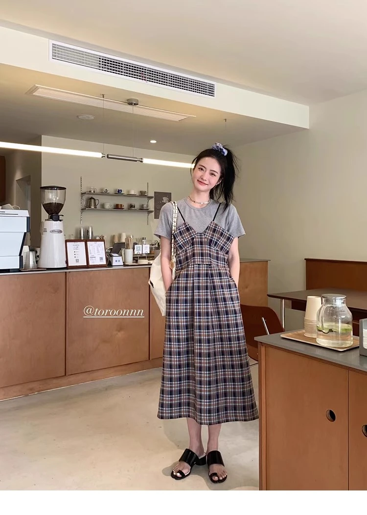 TOROON潘面条条【闭店清仓】3折 格纹吊带连衣裙设计感高腰中长裙
