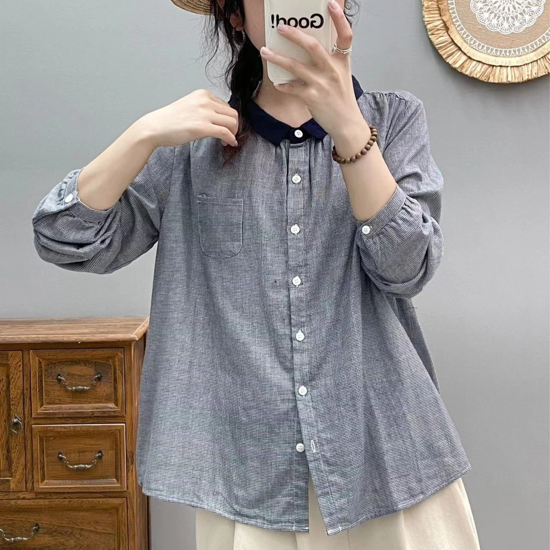 双层棉纱千鸟格长袖衬衫女式宽松显瘦上衣打底衬衣纯棉翻领8242
