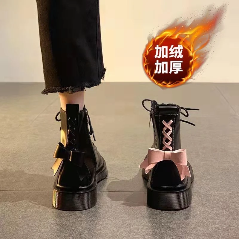 2023甜酷女孩蝴蝶结马丁靴秋冬新款学生百搭仙女风加绒英伦风爆款