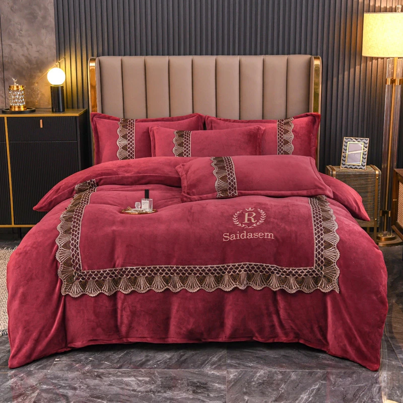 轻奢贵族风蕾丝立体刺绣高克重牛奶绒四件套加绒加厚欧式秋冬主卧