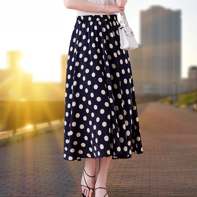 夏季裙子女款爆款2025新款高腰波点A字中长裙雪纺大码显瘦半身裙