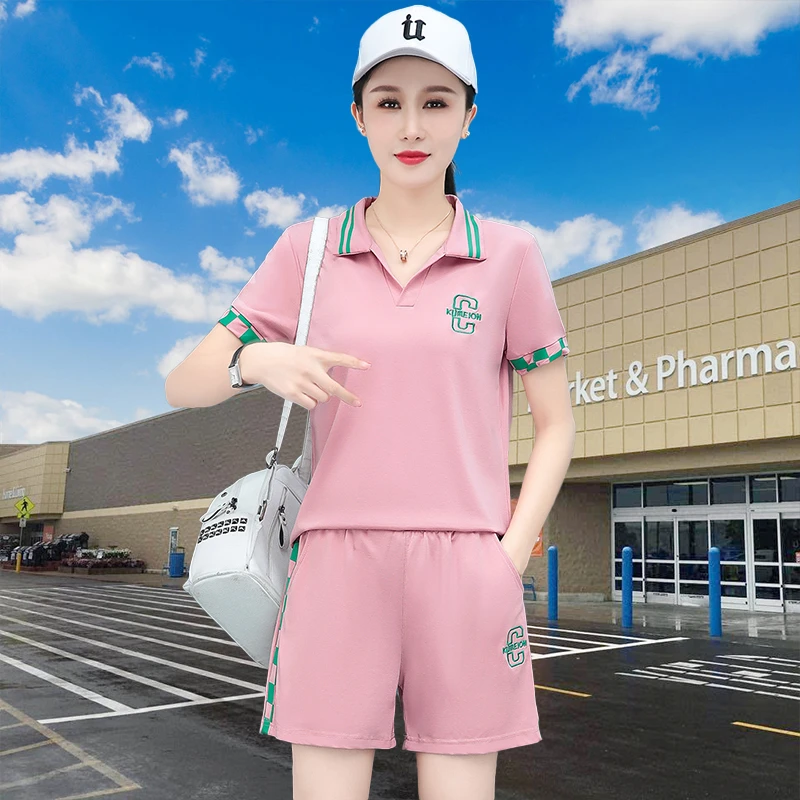 夏季短袖短裤运动套装女2025新款时尚减龄宽松大码健身显瘦两件套