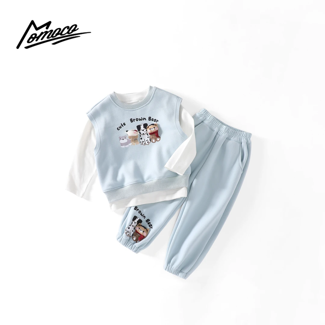 MOMOCO冬季新款男童可爱卡通小动物套装加绒三件套75430581001