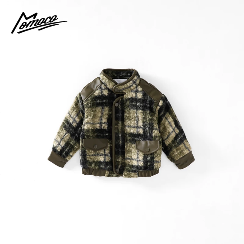 MOMOCO冬季男童时尚格子拼接加棉毛毛外套75430107014