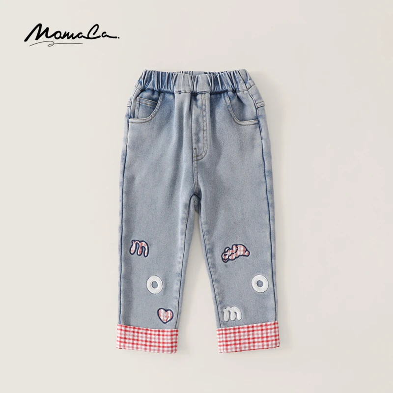 MOMOCO冬季新款女童直筒裤甜美微加绒牛仔裤75830350032