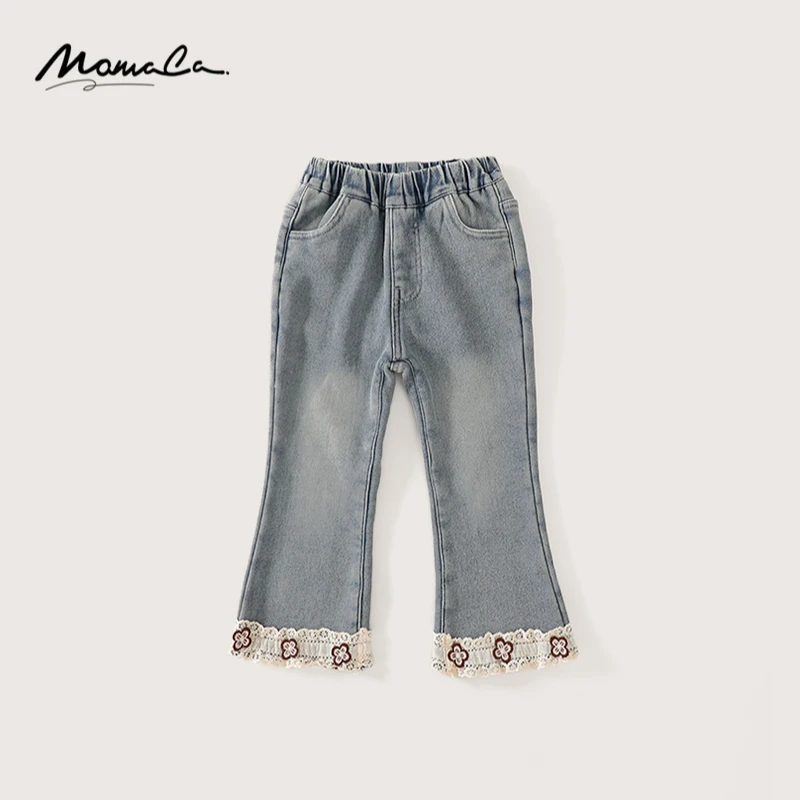 MOMOCO冬季新款女童花边加绒喇叭牛仔裤75830350029