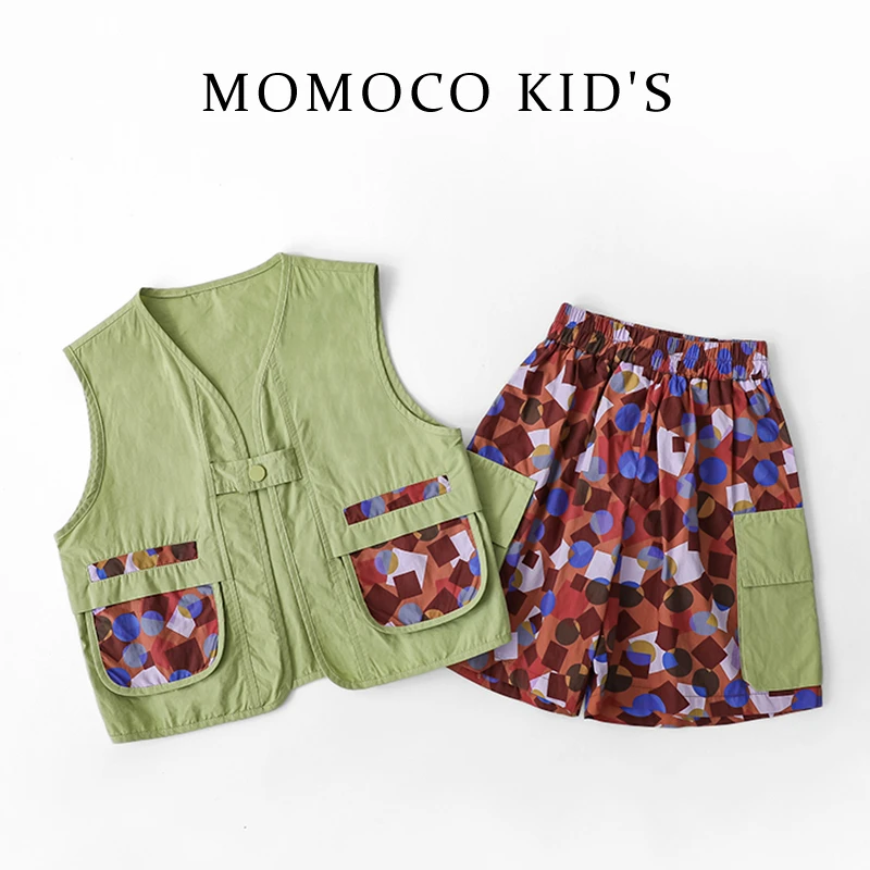 MOMOCO夏季男童马甲短裤套装时尚绿色马夹两件套儿童75230580031