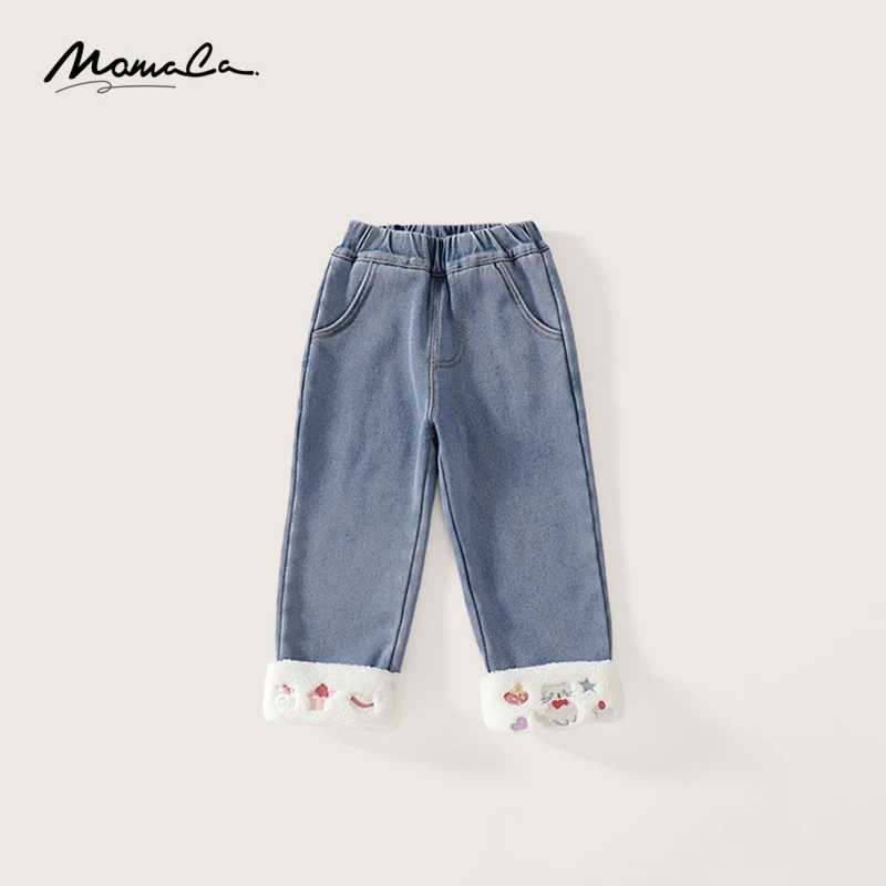 MOMOCO冬季新款女童设计感甜美绣花加绒牛仔裤75830350015
