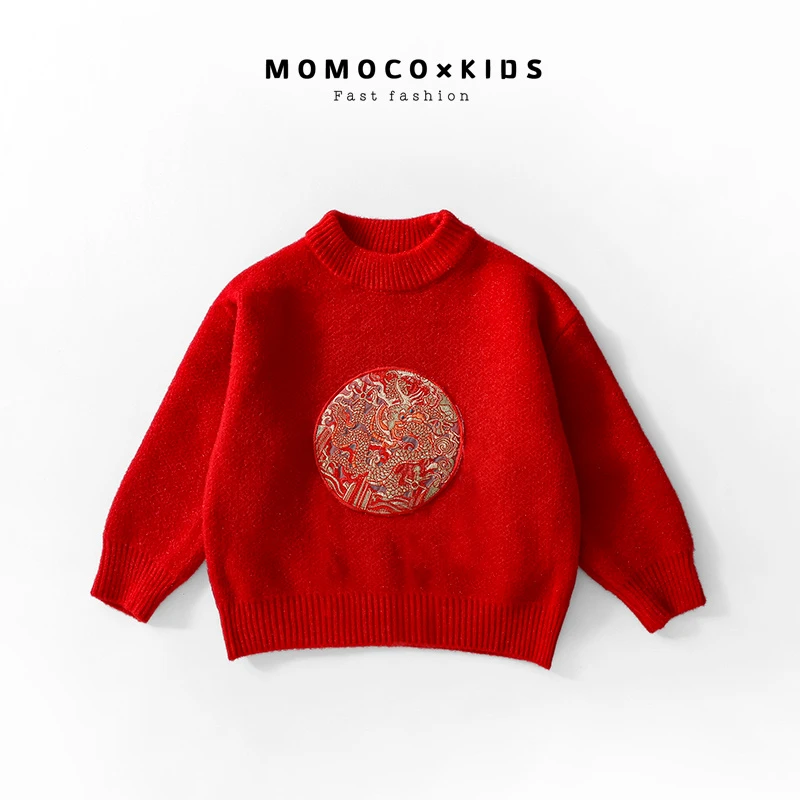 MOMOCO秋冬加厚毛衣圆领洋气国风年款儿童红色毛衣76830230259