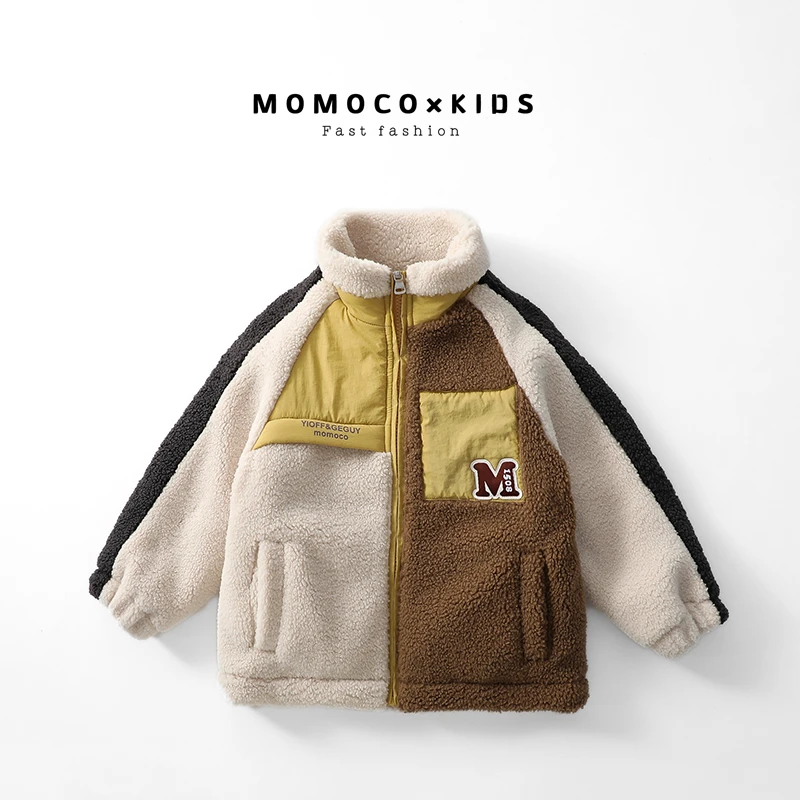 MOMOCO2024儿童新款男童时尚保暖拼接毛毛衣拼色外套76430123210