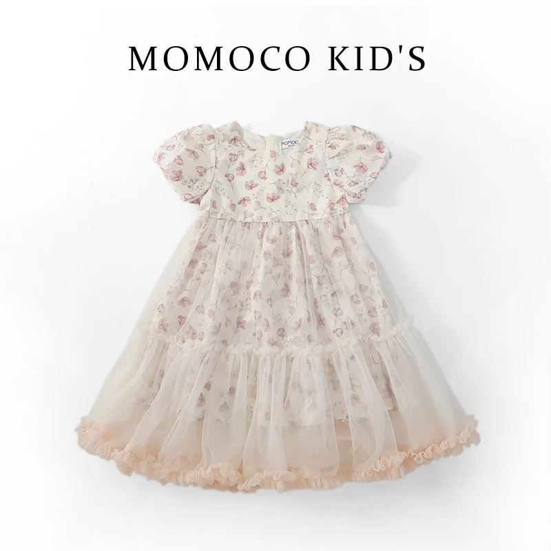 MOMOCO2024新款夏女中大童刺绣碎花蓬蓬纱连衣裙75680471001
