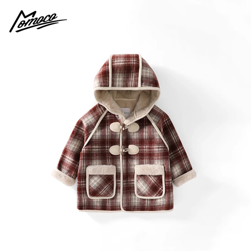 MOMOCO秋冬男童中长款大衣连帽儿童加绒格子毛呢外套75430126001