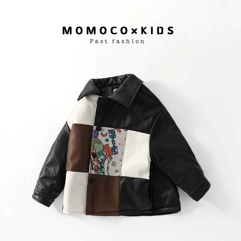 MOMOCO2024儿童新款秋冬季洋气拼接加绒韩版拼色皮衣75430105001