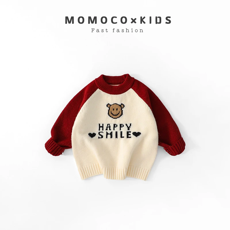 MOMOCO/2024款男童圆领秋冬洋气可爱小熊字母毛衣75430230025