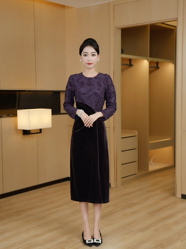 【紫藤之恋】 秋冬新款气质显瘦中长款时尚连衣裙高贵优雅