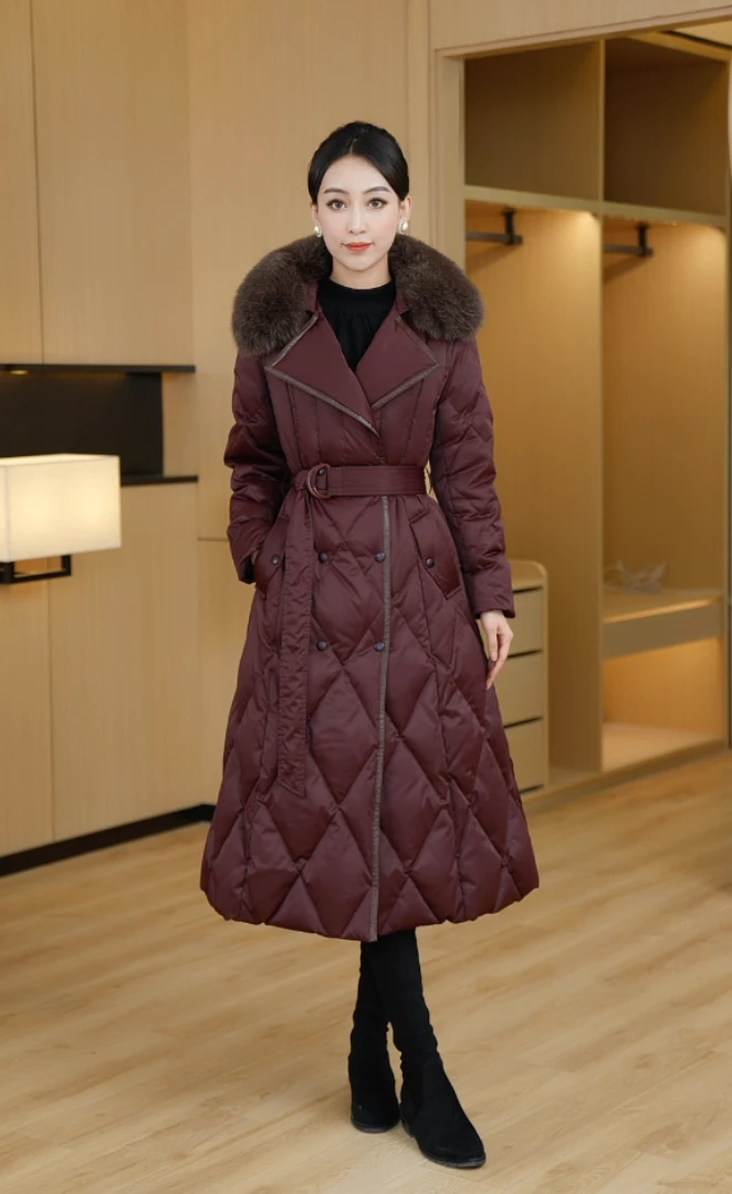 【极光暗红】大狐狸毛领高填充白鸭绒保暖新款中长款羽绒服