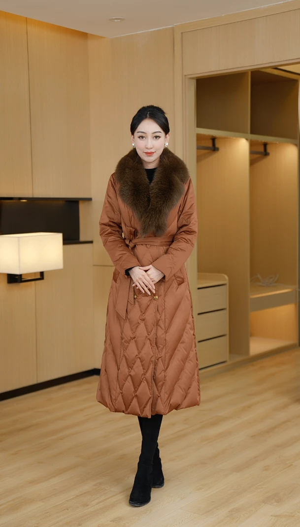 【宁安如梦】大狐狸毛领高填充白鸭绒保暖新款中长款羽绒服