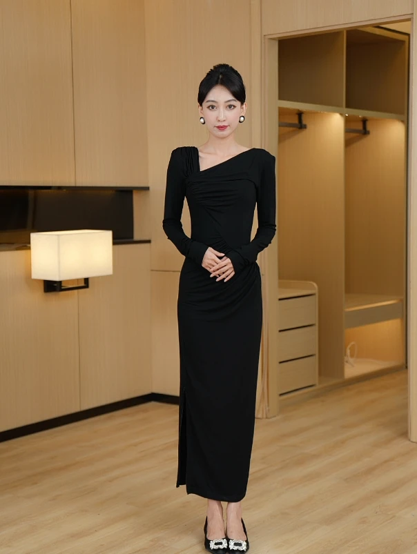 【婀娜多姿】斜领压褶气质显瘦连衣裙长款女