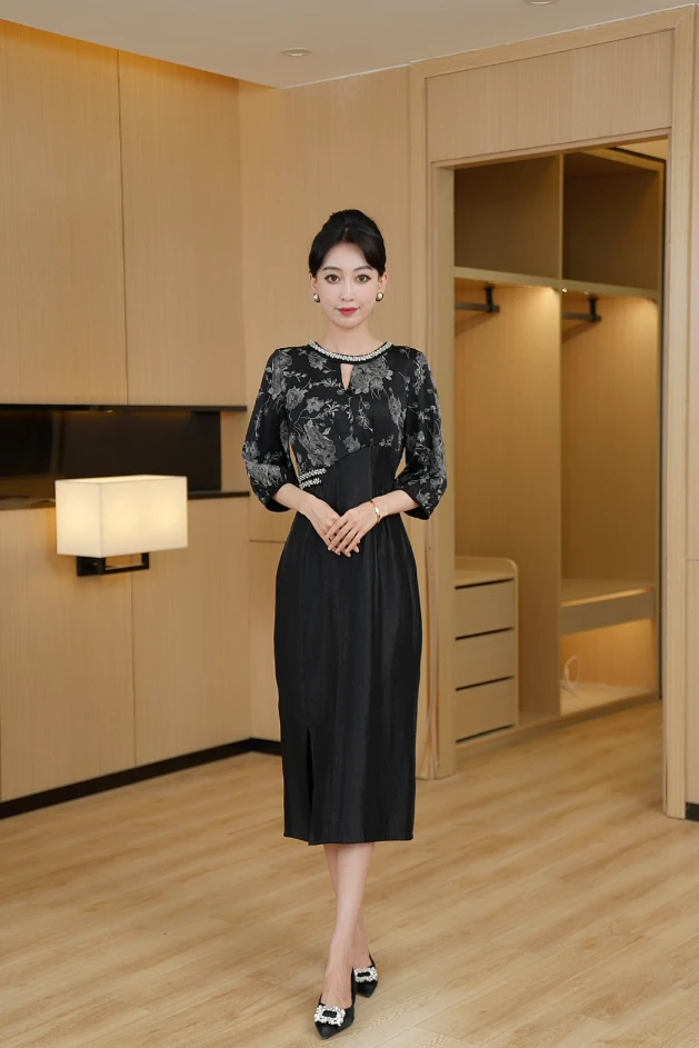 【花意琴曲】  新款气质显瘦中长款时尚连衣裙高贵优雅