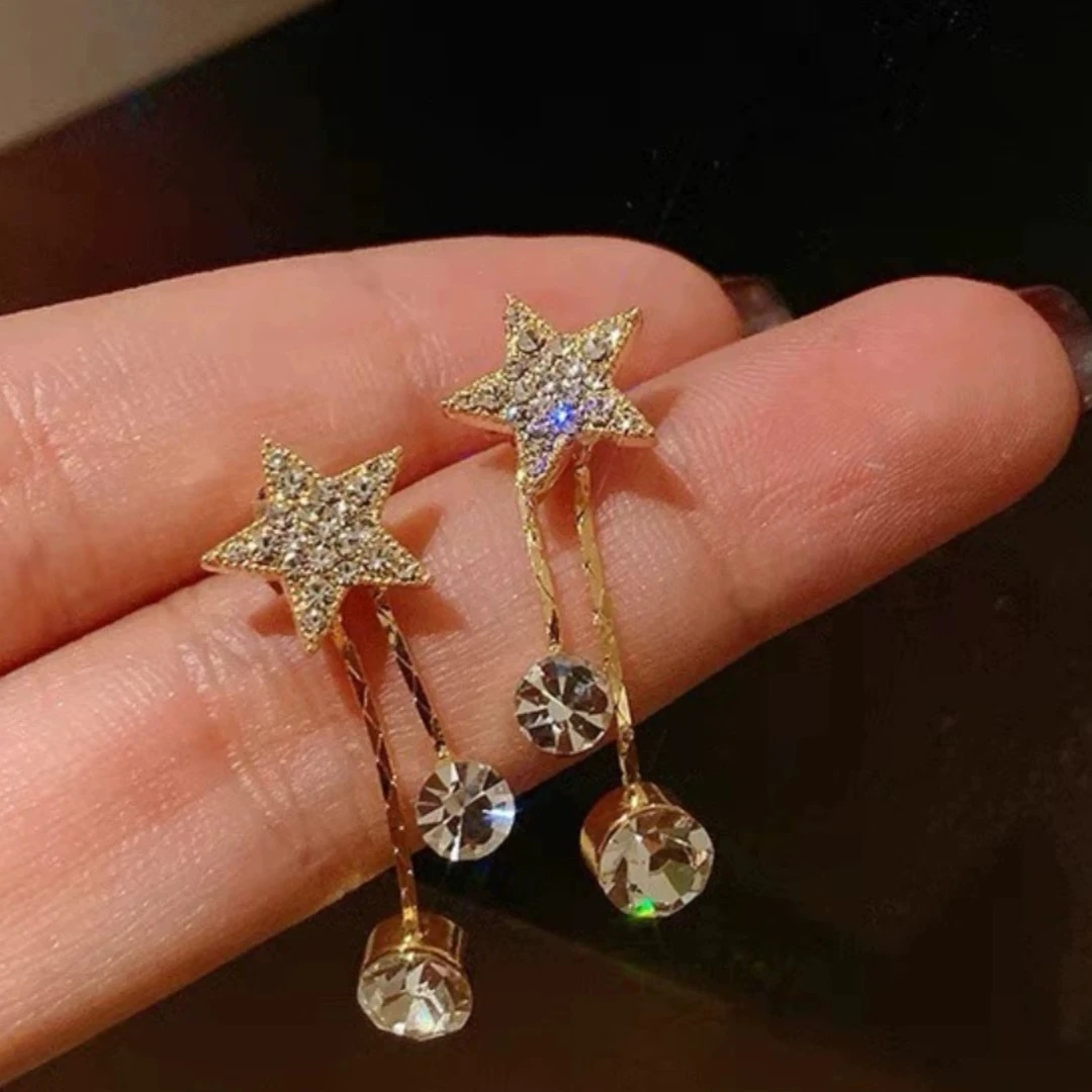 铜合金耳饰 五角星耳环长款法式耳坠素款圆脸古风气质小众精致ins