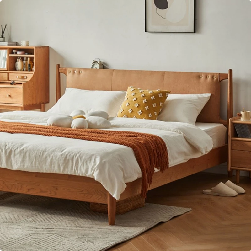 日式樱桃木软包床小户型卧室1.5m新婚1.8米单双人北欧实木软靠床