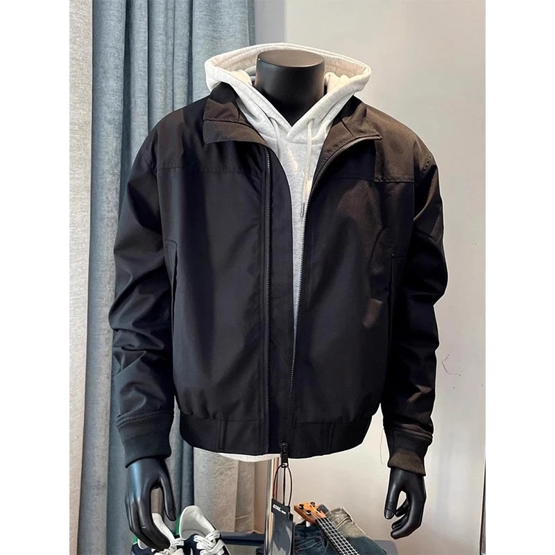 黑色短款教练夹克外套男款春秋季美式复古立领工装cleanfit棒球服