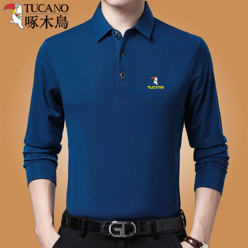啄木鸟印花男士长袖T恤翻领薄款春秋打底衫纯色中年POLO衫上衣