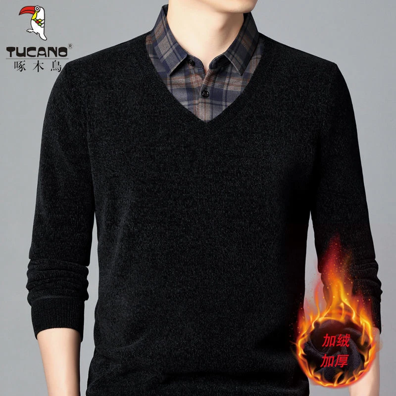 啄木鸟新款高档雪尼尔加绒衫男士假两件衬衫加厚保暖爸爸秋季上衣