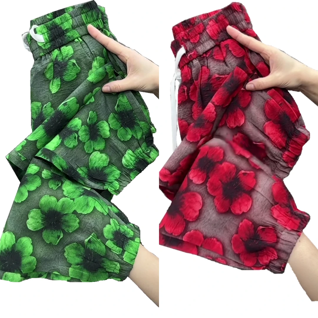 夏季女士沙滩裤宣麻宽松薄款休闲裤高腰百搭雪纺印花阔腿空调裤子