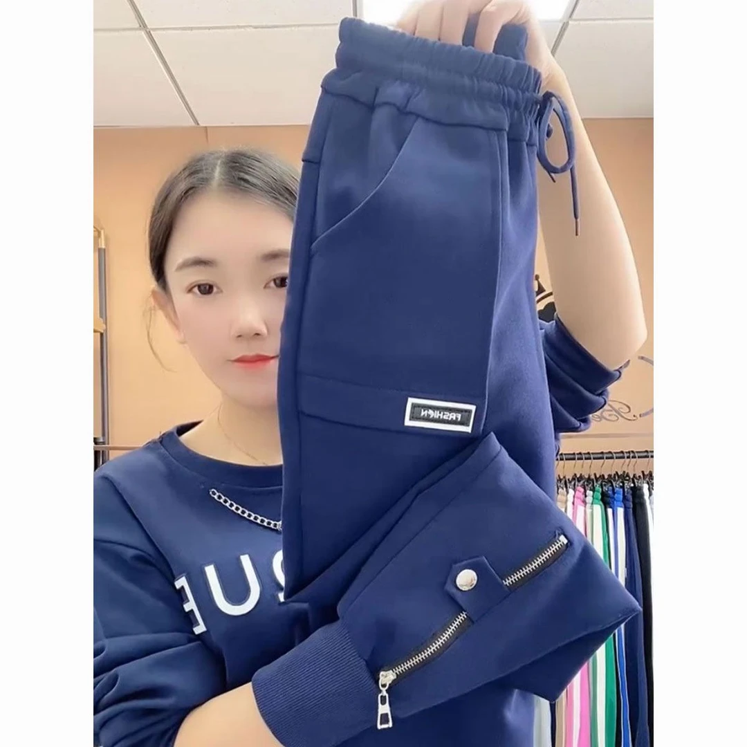 欧货2022秋季纯棉拉链束脚哈伦裤女抽绳宽松高腰百搭休闲九分卫裤