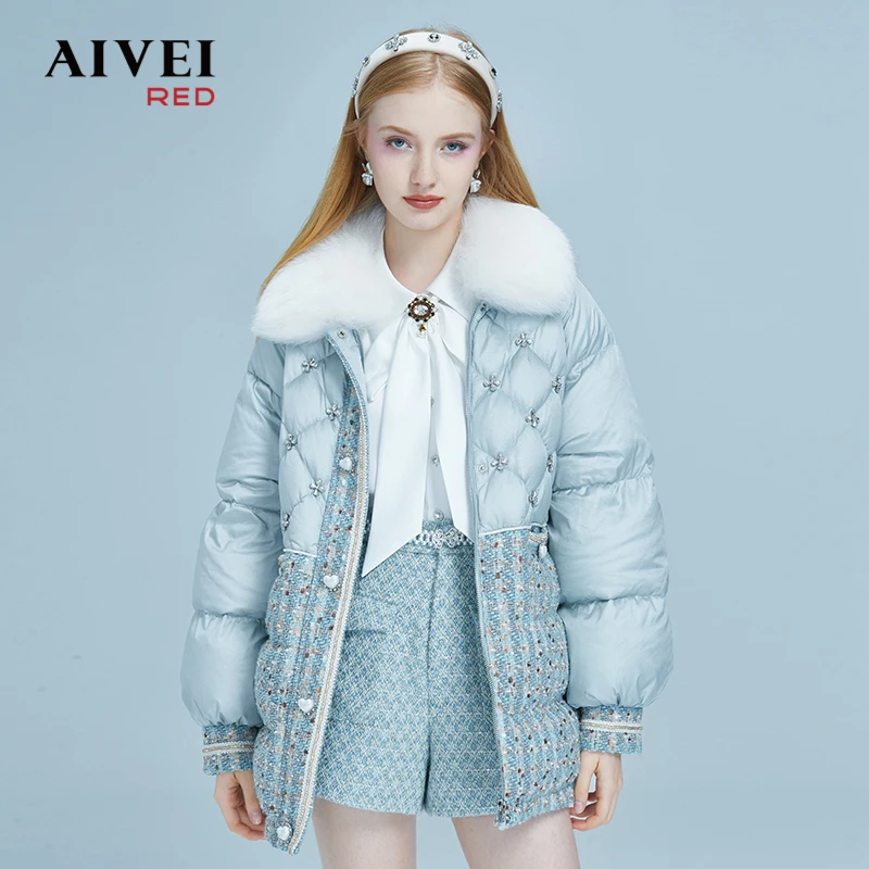 AIVEI欣贺冬季带毛领糖果色粗花呢羽绒服P0660154