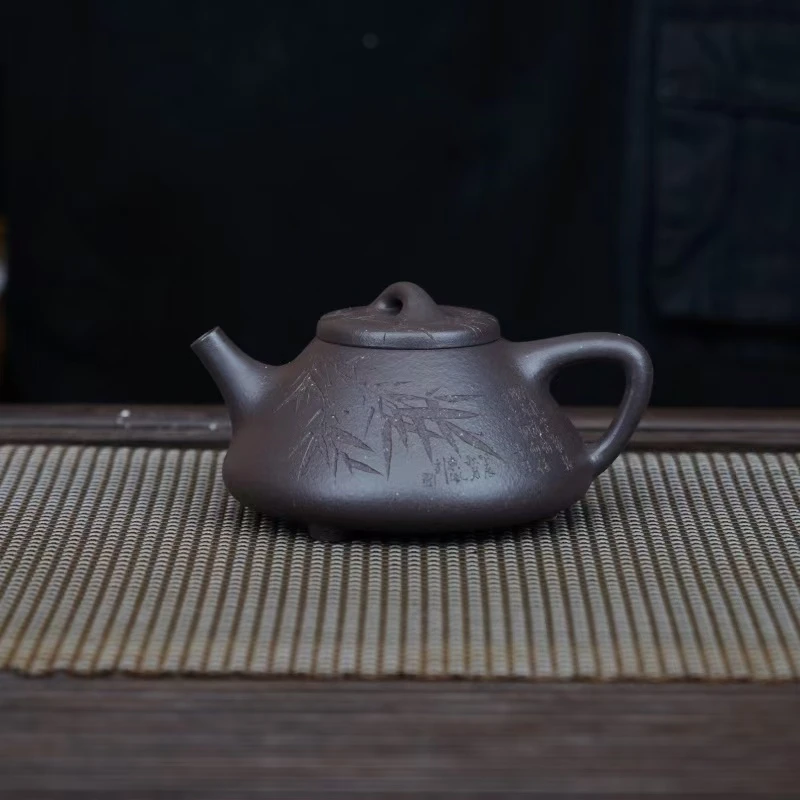 天青【刻竹子冶石瓢】宜兴黄龙山原矿手工紫砂壶