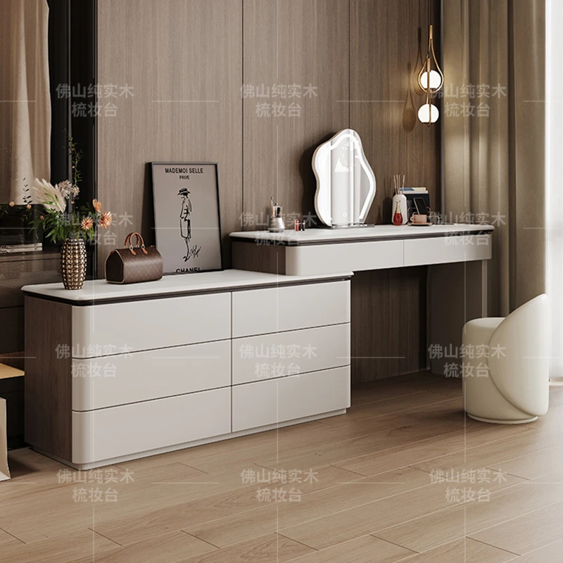 实木梳妆台斗柜一体白色家用梳妆桌子主卧可伸缩化妆台极简奶油风