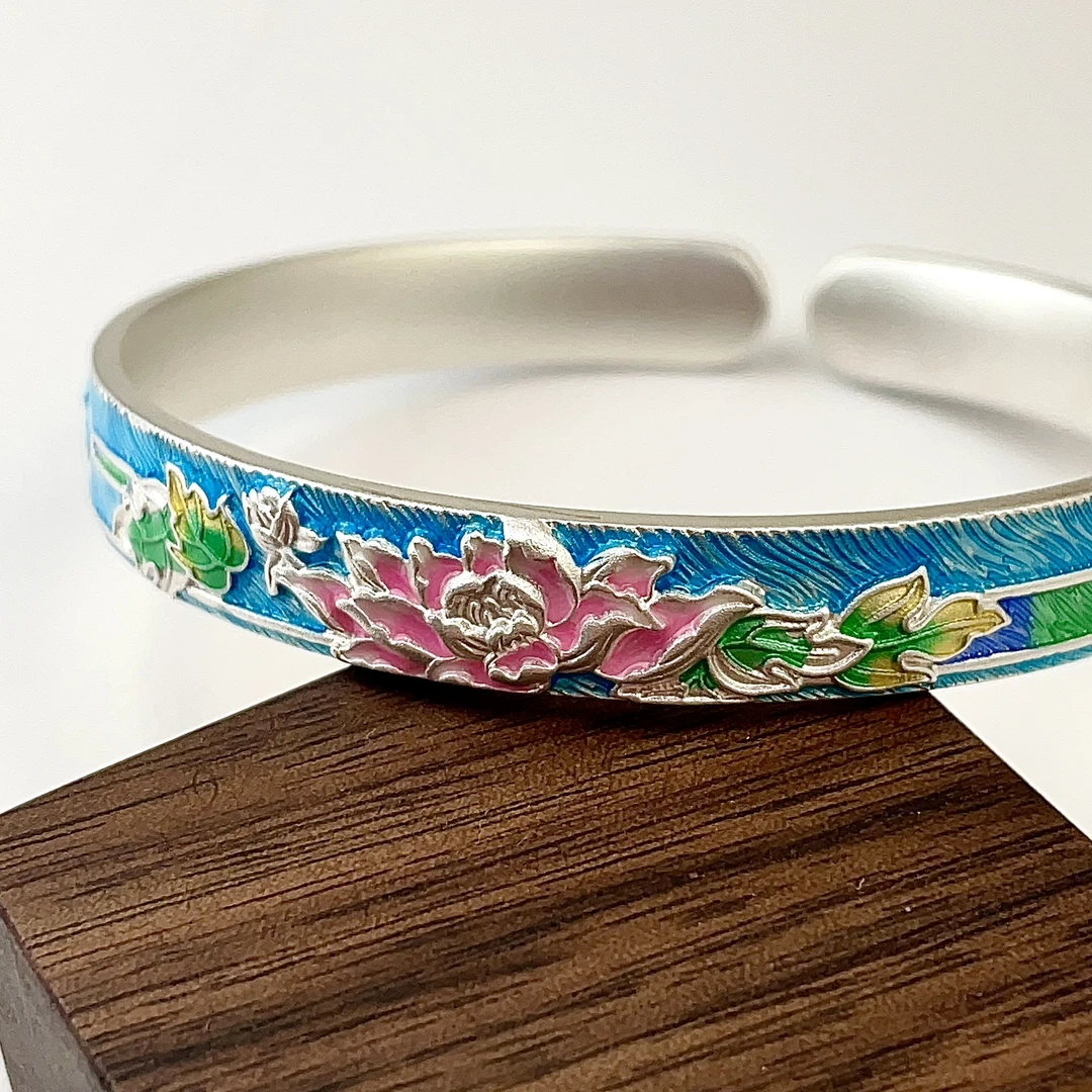 足银手镯 重工长辈款【戏莲】足银999.9珐琅古法开口精美妈妈款手镯