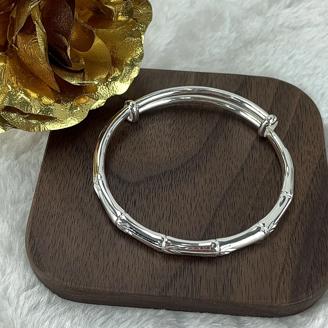 君派 足银手镯 竹节竹叶手镯足银9999亮面推拉经典简约百搭时尚