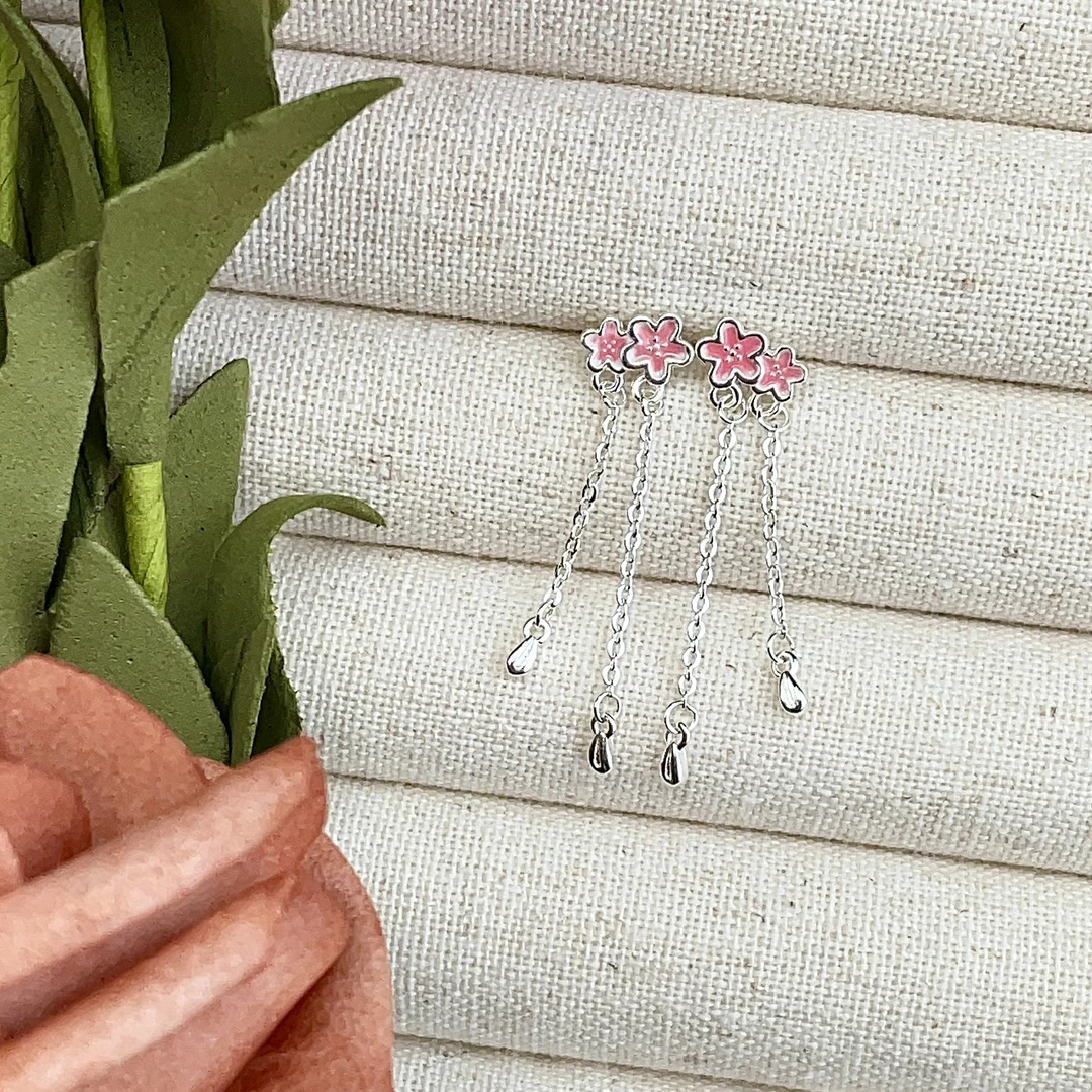 君派 足银耳饰 【桃花流苏耳坠】足银999直针防过敏古风百搭长款