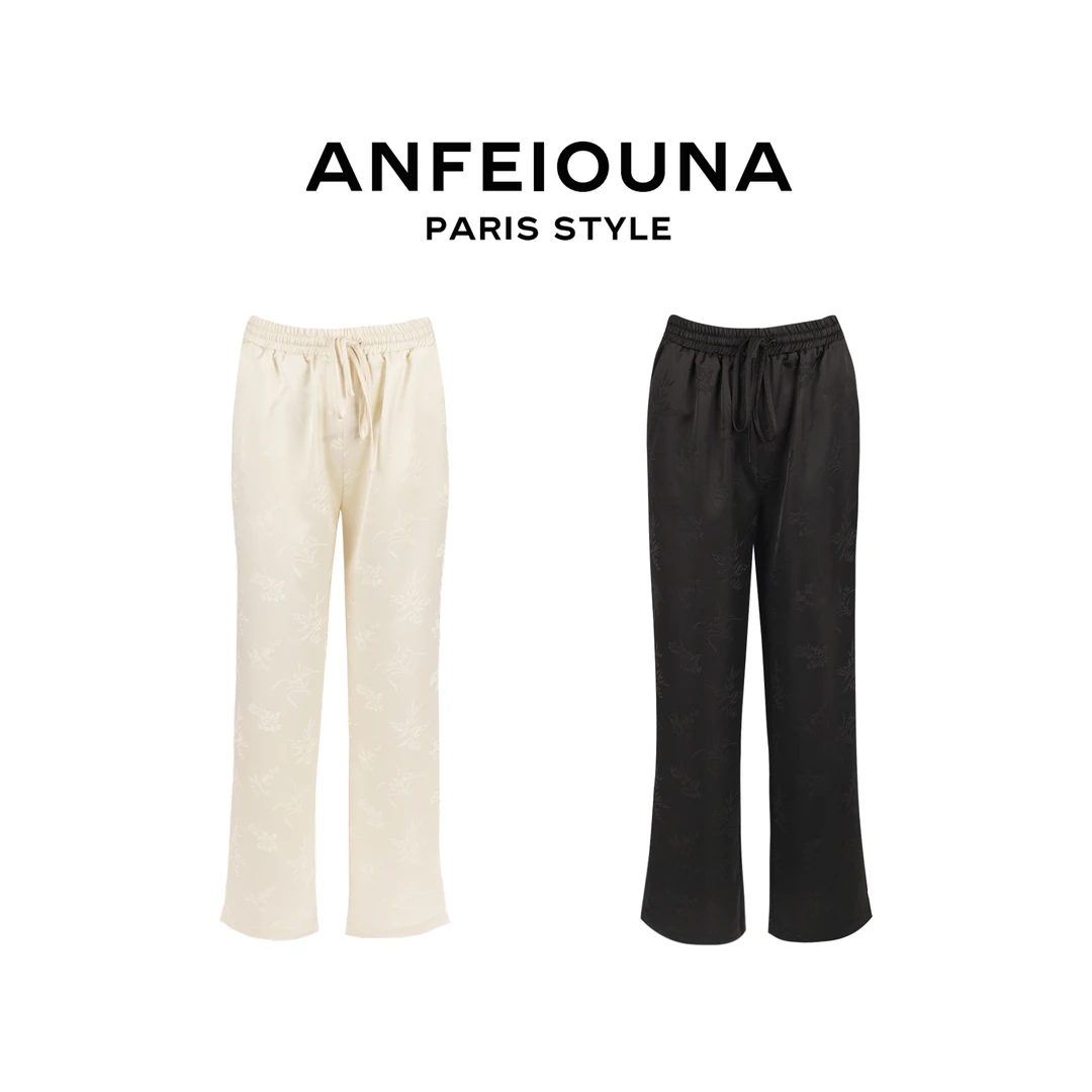 2025新款时尚抽绳高腰缎面提花阔腿裤长裤垂感女士1146