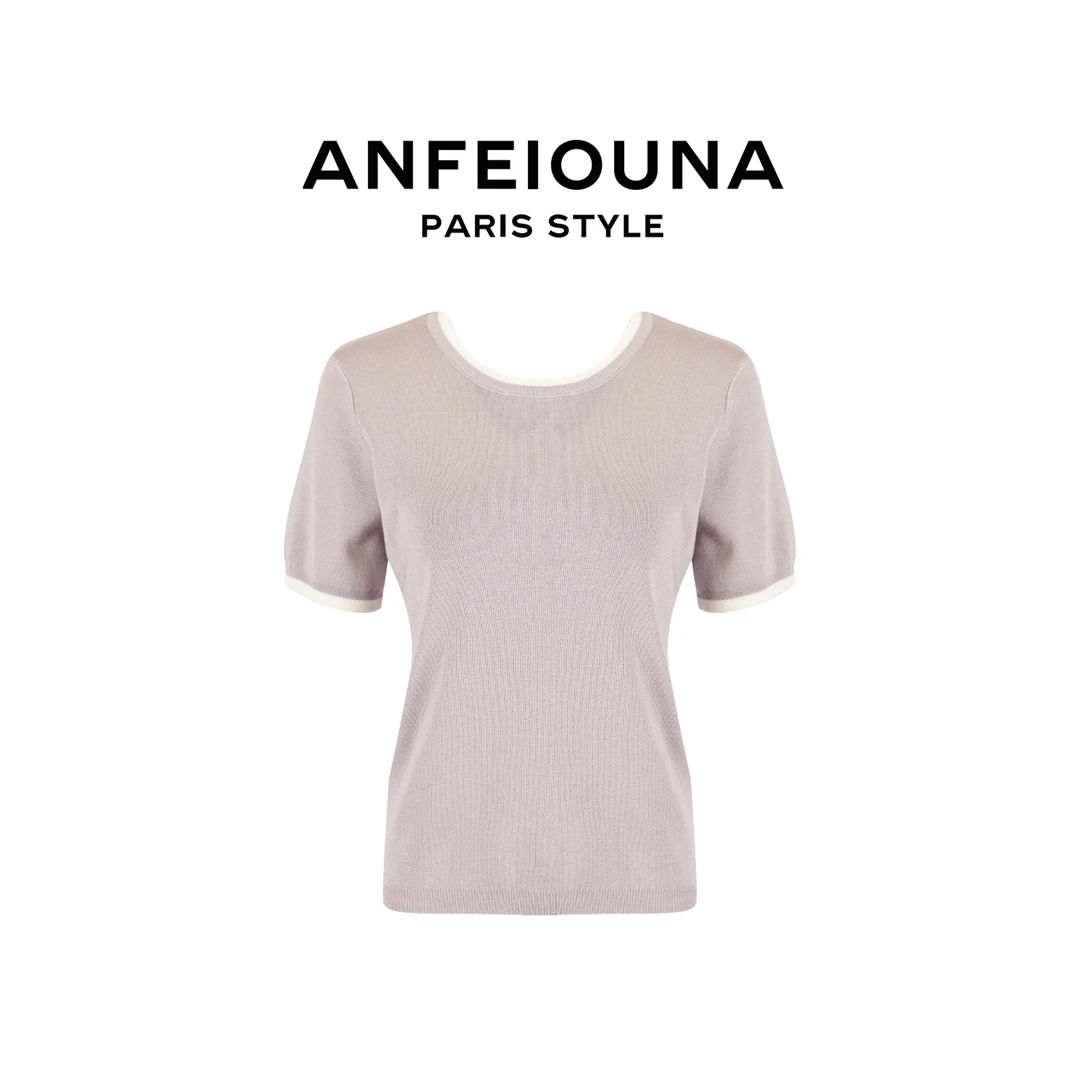 2025新款简约修身显瘦拼接撞色圆领短袖针织衫T恤女1133