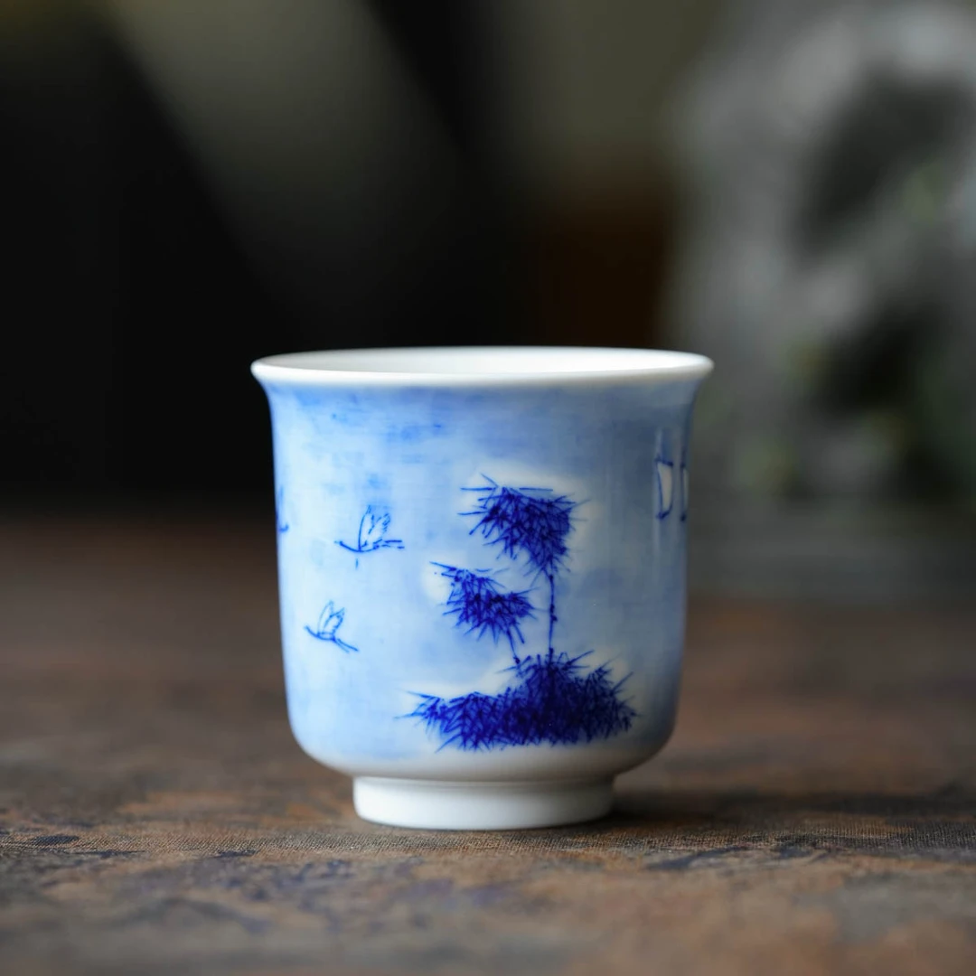 九段烧-妙手青花-竹报平安闻香杯（雪景）-手工画片差异以实物为主