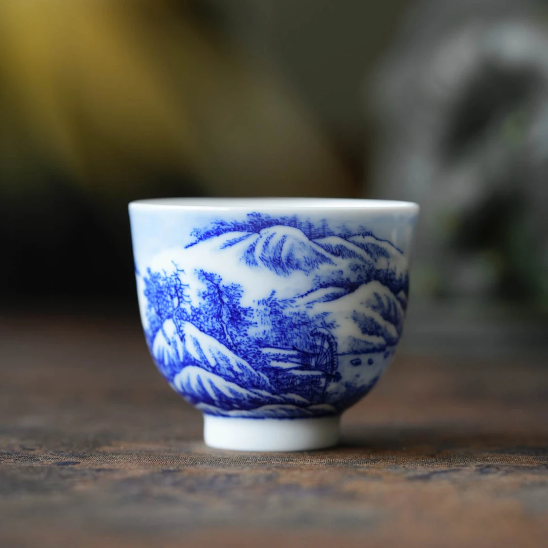 九段烧--妙手青花山水高杯（雪景）-主人杯手绘（画片会有略微不同）
