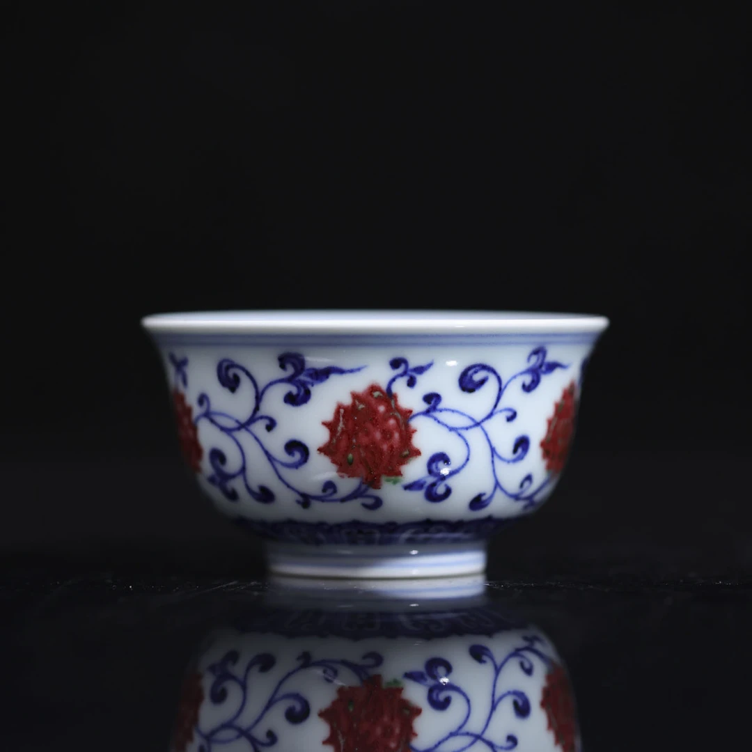小桥-仿明釉里红缠枝莲撇口杯-注意手绘画片每只都不一样