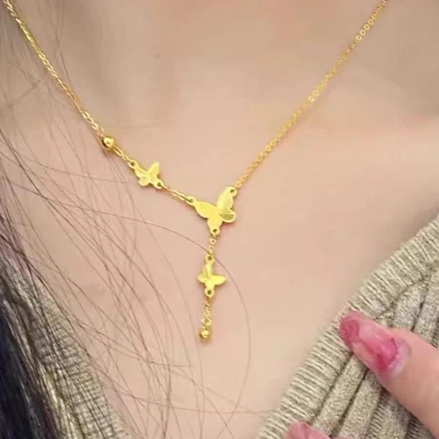 铜合金项链 百搭新款蝴蝶流苏项链女小众设计轻奢金色闺蜜锁骨链