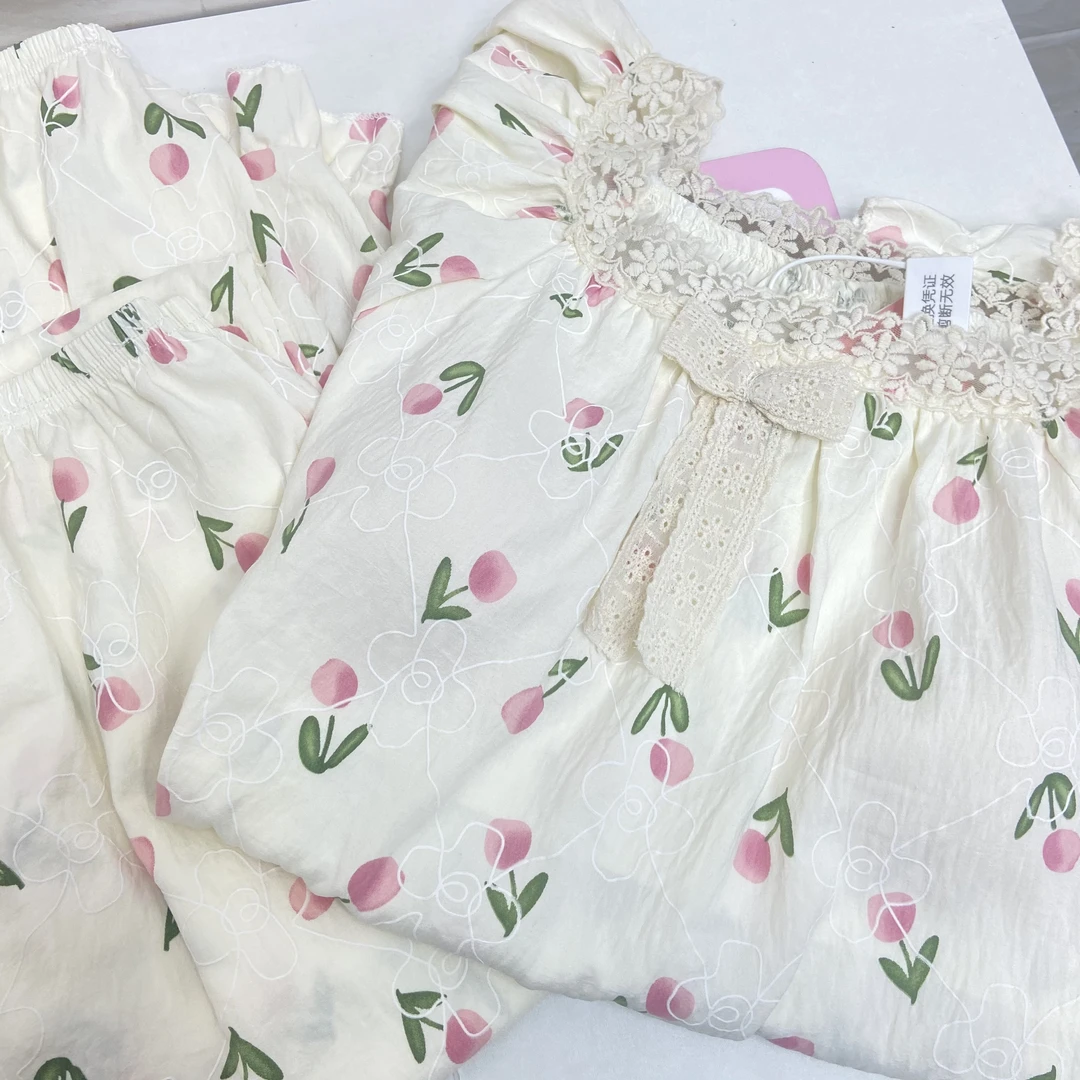 033#【短袖短裤+长裤带胸垫】郁金香云朵棉套头三件套女士套装家居