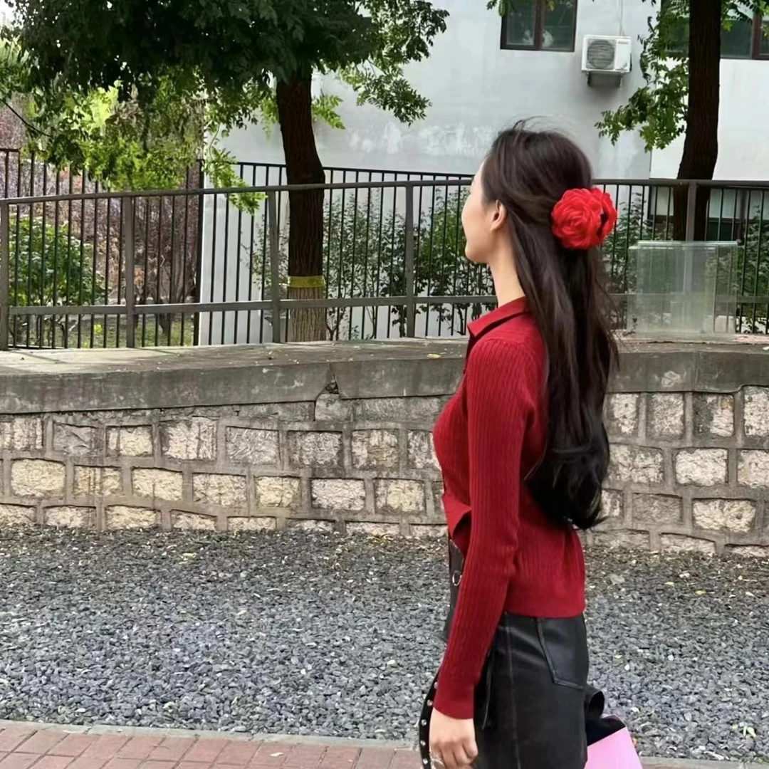 红花玫瑰花朵抓夹鲨鱼夹发夹