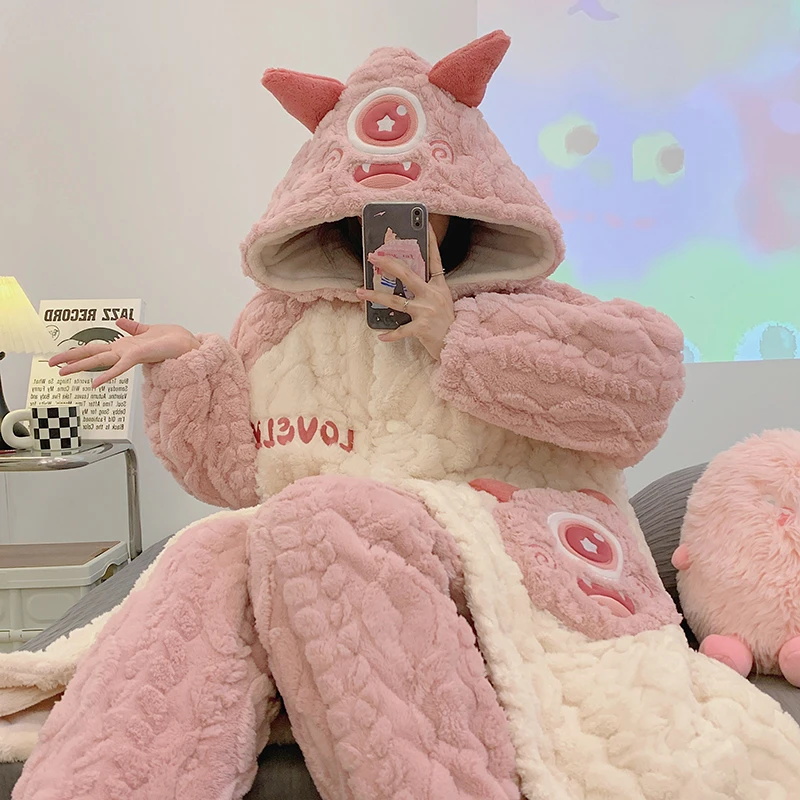 运补『粉色大眼怪』省服夹棉冬季睡袍睡衣珊瑚绒加绒加厚保暖家居服
