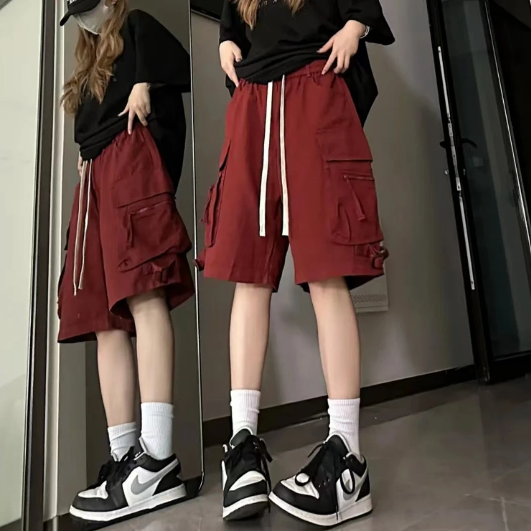 宽松高街男女同款夏季vibe美式酒红色工装港风韩版学生潮流五分裤