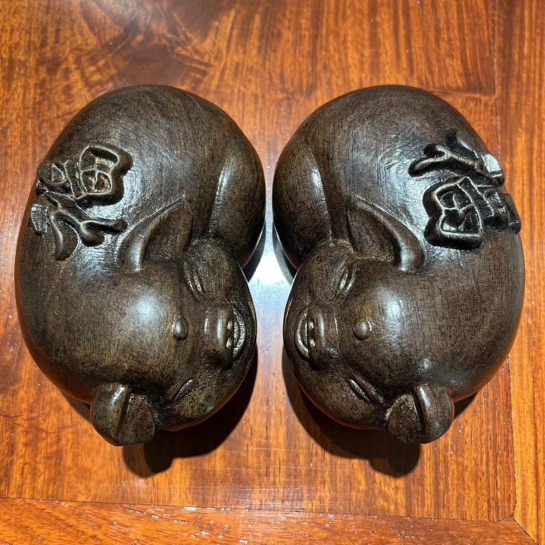 黑檀福猪一对 中式全实木摆件 木雕工艺品 微瑕 长12