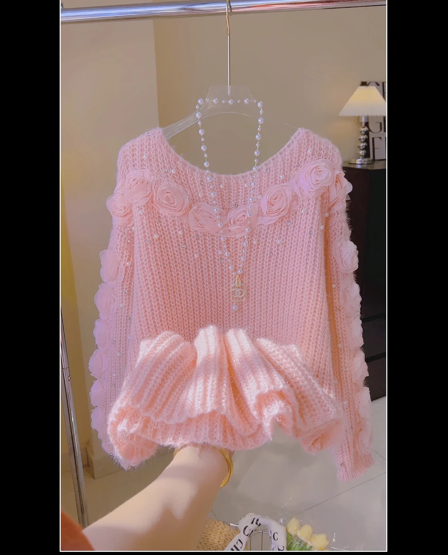 立体花苞重磅百搭珍珠玫瑰毛衣慵懒风针织毛衣