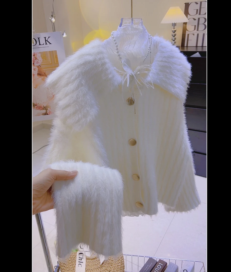 cs275 娃娃领水貂毛衣外套宽松温柔风甜美奶系针织开衫